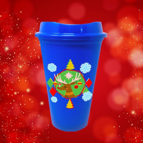 Vaso Ecológico de Café Reutilizable con Tapa - Reno Navidad