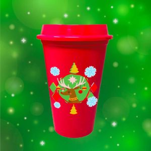 Vaso Ecológico de Café Reutilizable con Tapa - Reno Navidad